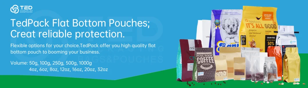 Custom Quad Seal Bag and Flat Bottom Pouch with Zipper for Food Manufacturers