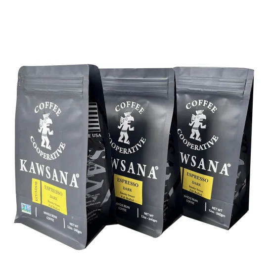 Custom Printed Matte Balck Aluminum Foil Flat Bottom Pouch Valve Coffee Packaging Bag