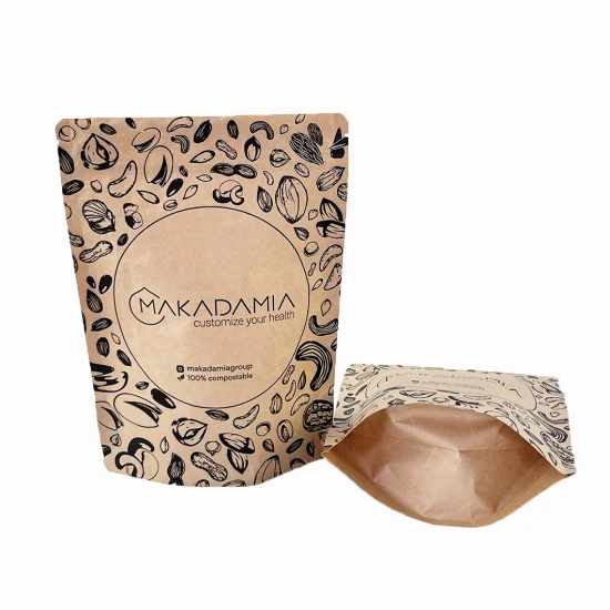 Custom Printed Ziplock Biodegradable Kraft Paper PLA Stand up Pouch with Clear Window Coffee Tea Packaging Bag